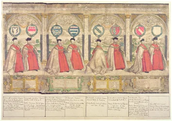 Imaginäre Prozession des Hosenbandordens in Windsor, graviert von Marcus Gheeraerts dem Älteren, 1576